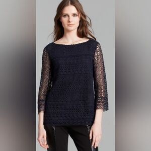 Tory Burch Harlow medium navy blue crochet 3/4 sleeve linen cotton blouse